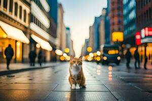 a cat is standing on the street in a city. AI-Generated photo