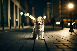 a dog sitting on the sidewalk at night. AI-Generated photo