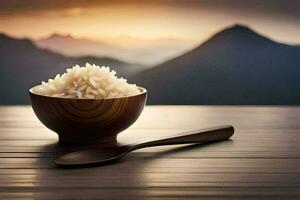 arroz en un cuenco con un de madera cuchara en un mesa. generado por ai foto