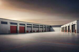 a large warehouse with two doors and a sky. AI-Generated photo