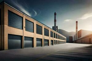 a factory building with a large garage door. AI-Generated photo