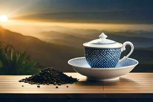 coffee cup and saucer on the table with mountains in the background. AI-Generated photo