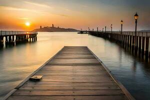 a pier at sunset with a lighthouse in the background. AI-Generated photo