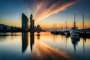 the city skyline at sunset with boats in the water. AI-Generated photo