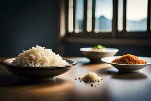Tres bochas de arroz sentar en un mesa. generado por ai foto