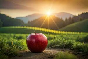 an apple sits in the middle of a field at sunset. AI-Generated photo