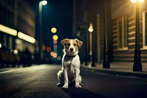 a dog sitting on the street at night. AI-Generated photo