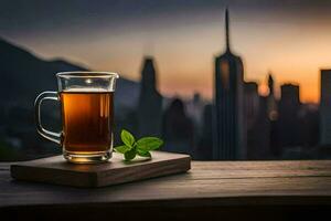 a glass of tea on a wooden table with a cityscape in the background. AI-Generated photo