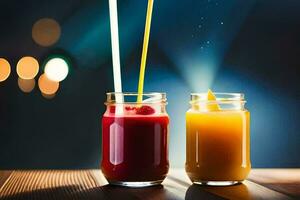 two glasses of juice with straws on a wooden table. AI-Generated photo