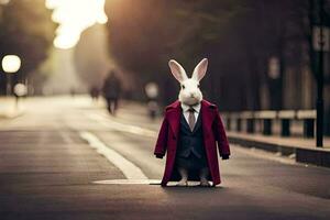 a rabbit dressed in a suit and tie standing on a street. AI-Generated photo