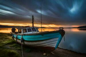 a boat sits on the shore at sunset. AI-Generated photo