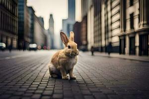 a rabbit is sitting on the ground in a city. AI-Generated photo