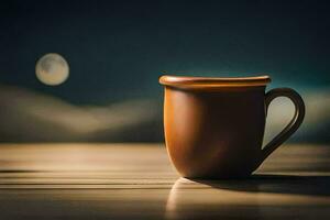 un café taza se sienta en un mesa en frente de un lleno Luna. generado por ai foto