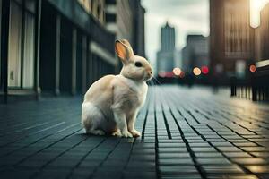 a rabbit sitting on the street in a city. AI-Generated photo