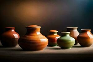 a group of colorful ceramic vases on a table. AI-Generated photo