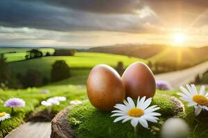 two eggs on a grassy hillside with daisies in the background. AI-Generated photo