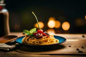 espaguetis con carne y vegetales en un azul lámina. generado por ai foto