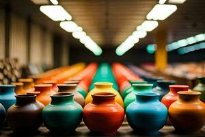 colorful vases in a warehouse. AI-Generated photo