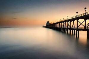 a long exposure photograph of a pier at sunset. AI-Generated photo