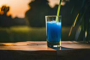 a blue drink with a straw on a table. AI-Generated photo