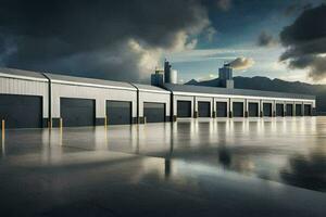 a large warehouse with a dark sky and mountains in the background. AI-Generated photo