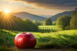 a red apple in a field of green grass. AI-Generated photo