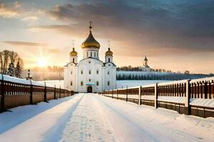 the sun is setting over a snowy road in front of a church. AI-Generated photo