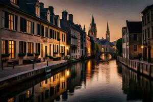 un canal en el medio de un ciudad a puesta de sol. generado por ai foto