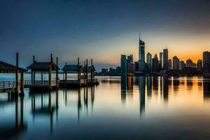 the city skyline is reflected in the water at sunset. AI-Generated photo