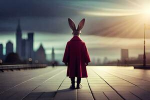 the rabbit is standing on a bridge with a city in the background. AI-Generated photo