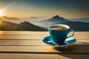 a cup of tea on a wooden table with mountains in the background. AI-Generated photo