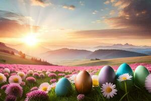 easter eggs in the meadow. AI-Generated photo