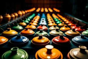 colorful pots and vases are lined up in a row. AI-Generated photo