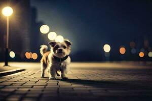 a small dog is standing on a brick road at night. AI-Generated photo