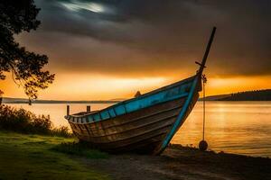 a boat sits on the shore at sunset. AI-Generated photo