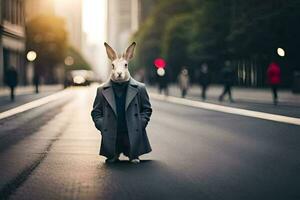 a rabbit wearing a coat and tie standing on the street. AI-Generated photo