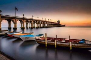 boats docked at the pier at sunset. AI-Generated photo