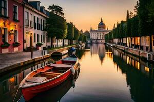 a boat sits on a canal in front of a building. AI-Generated photo