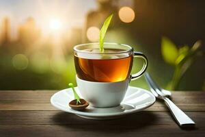 a cup of tea with a green leaf on the saucer. AI-Generated photo