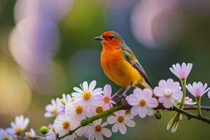 a colorful bird sits on a branch with white flowers. AI-Generated photo