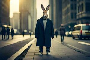 a rabbit wearing a coat and tie standing on a street. AI-Generated photo