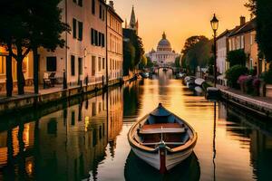 a boat is docked in a canal at sunset. AI-Generated photo