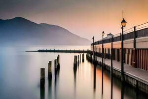 a pier with a long exposure of the water. AI-Generated photo