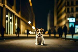 a dog is standing in the middle of a city street at night. AI-Generated photo