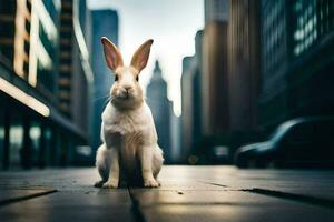 un blanco Conejo sentado en el suelo en frente de alto edificios generado por ai foto