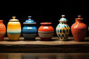 a row of colorful vases on a wooden table. AI-Generated photo