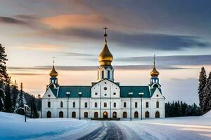 a church in the snow with gold domes. AI-Generated photo