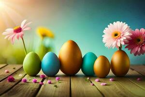easter eggs and flowers on a wooden table. AI-Generated photo