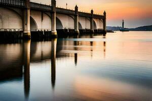 a bridge over water at sunset with a lighthouse in the background. AI-Generated photo