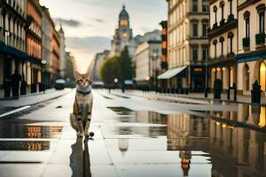 a cat is standing on a wet street in front of buildings. AI-Generated photo